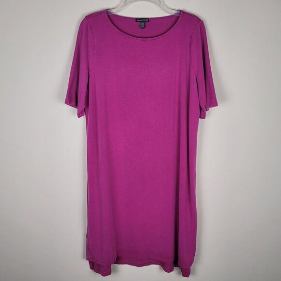 Eileen Fisher Tencel Stretch Jersey T-Shirt Dress Short Sleeve Dark Pink Size L - Picture 1 of 15